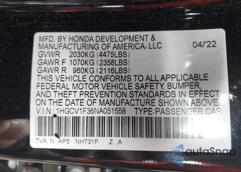 2022 Honda Accord Sport z USA, uszkodzony, nr VIN 1HGCV1F36NA051558